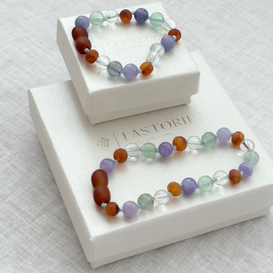 Moeder & Dochter Armbandjes – Barnsteen & Fluoriet | Beschermende Rust