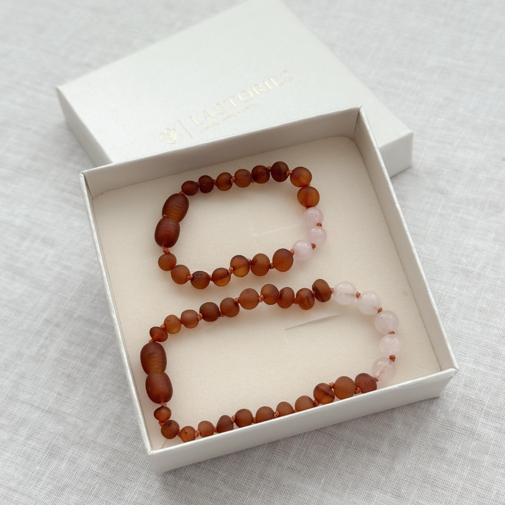 Moeder & Dochter Armbandjes – Barnsteen & Rozenkwarts | Liefdevolle Geborgenheid
