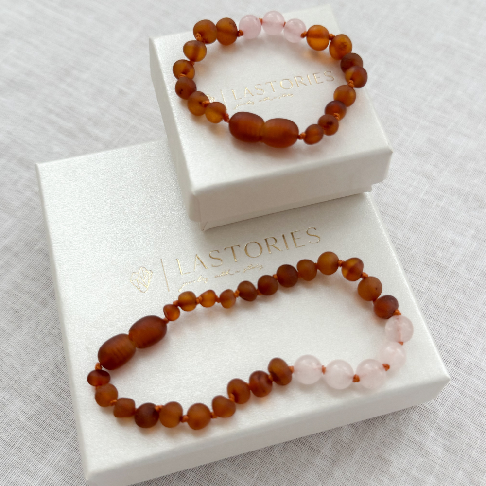 Moeder & Dochter Armbandjes – Barnsteen & Rozenkwarts | Liefdevolle Geborgenheid