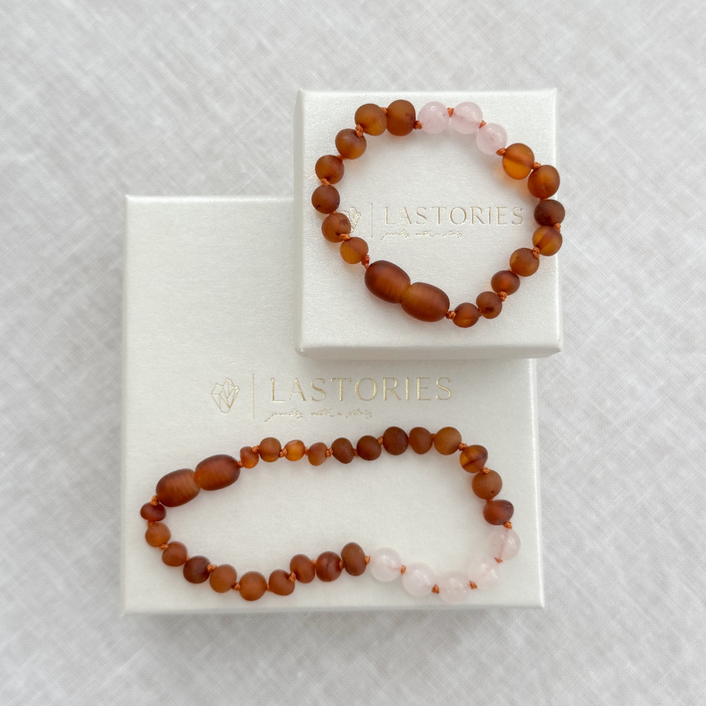Moeder & Dochter Armbandjes – Barnsteen & Rozenkwarts | Liefdevolle Geborgenheid