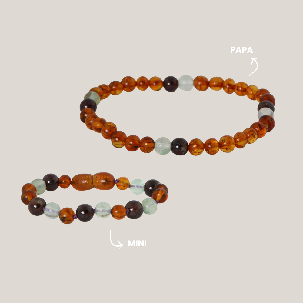 Matching armbandjes – Barnsteen, Granaat & Fluoriet | Kracht & Rust