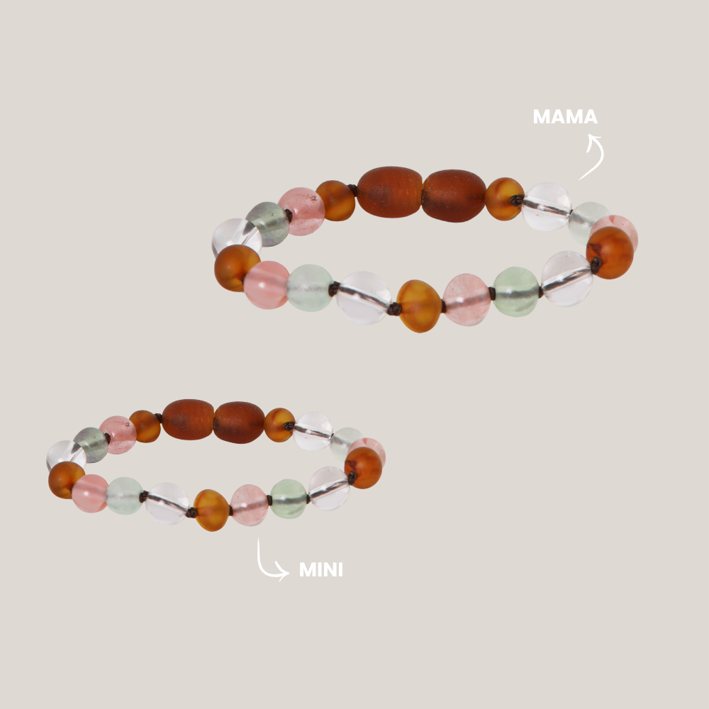 Matching armbandjes – Barnsteen, Bergkristal & Cherrykwarts | Helderheid & Liefde