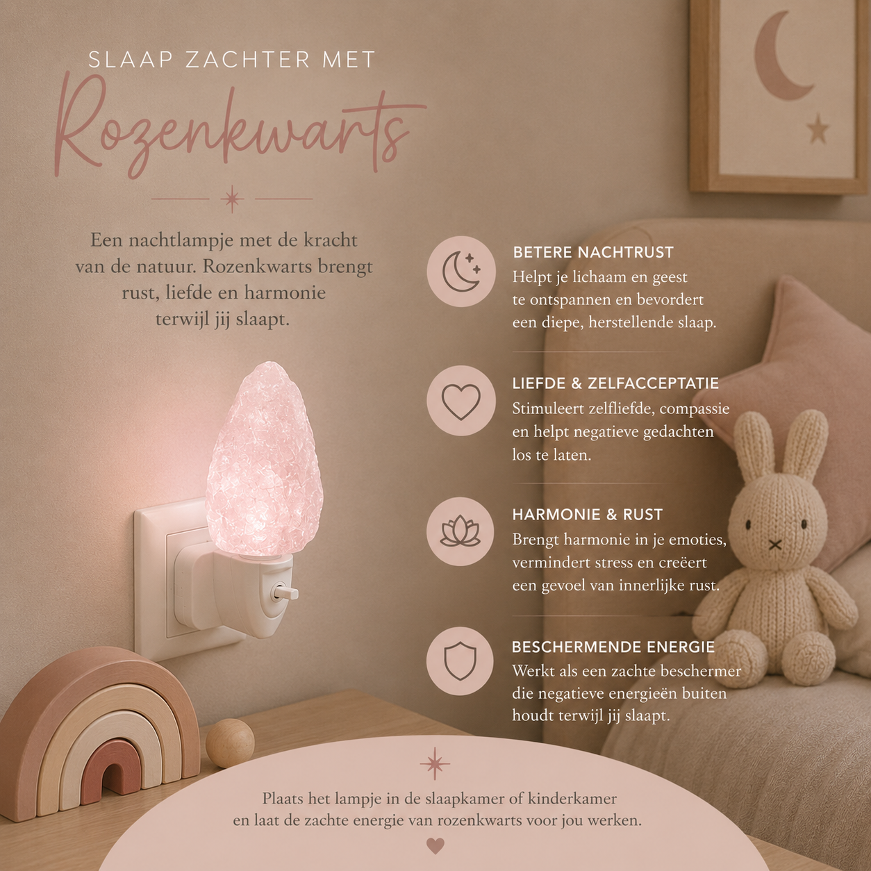 Nachtlampje met Rozenkwarts – rust, liefde & harmonie
