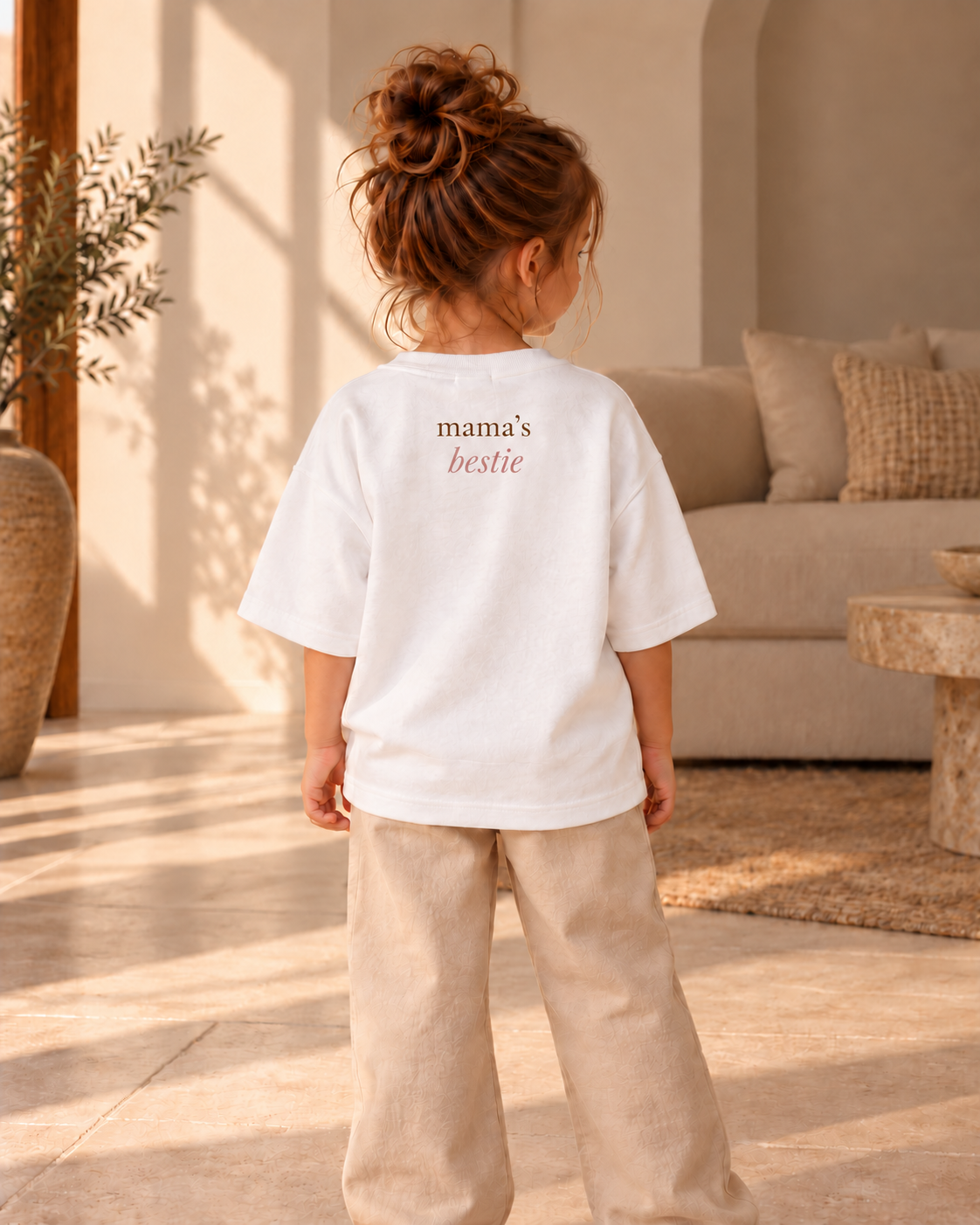 Achteraanzicht van een meisje in een wit oversized T-shirt met rugprint “mama’s bestie”