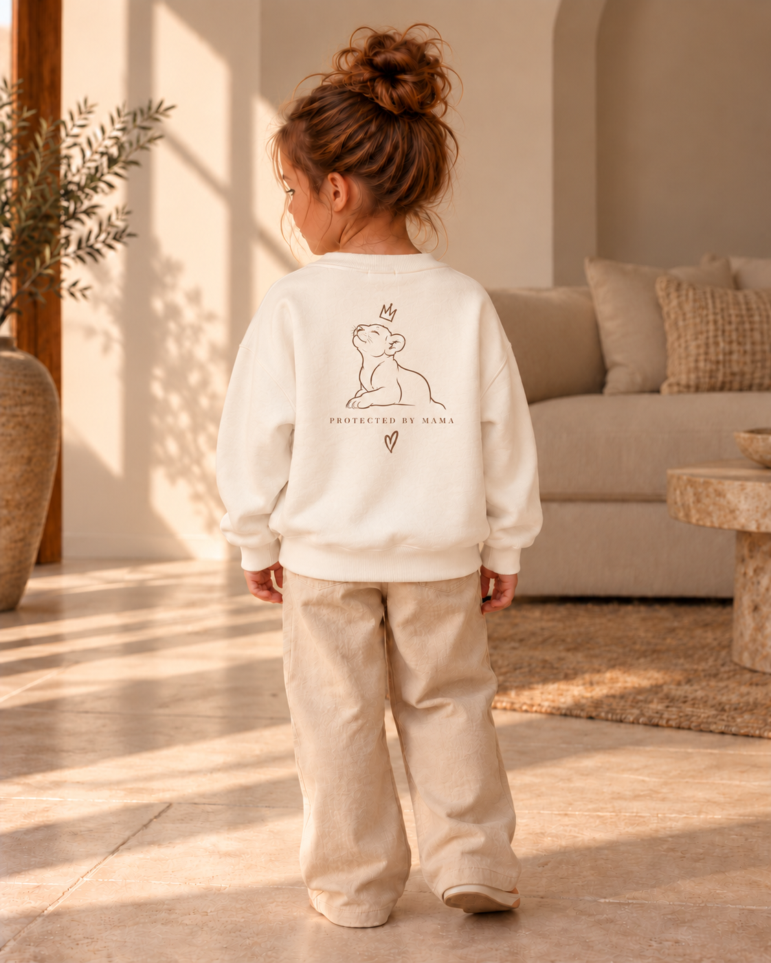 Achteraanzicht van een meisje in een ivoorkleurige oversized trui met rugprint van een leeuwenwelpje en “PROTECTED BY MAMA”