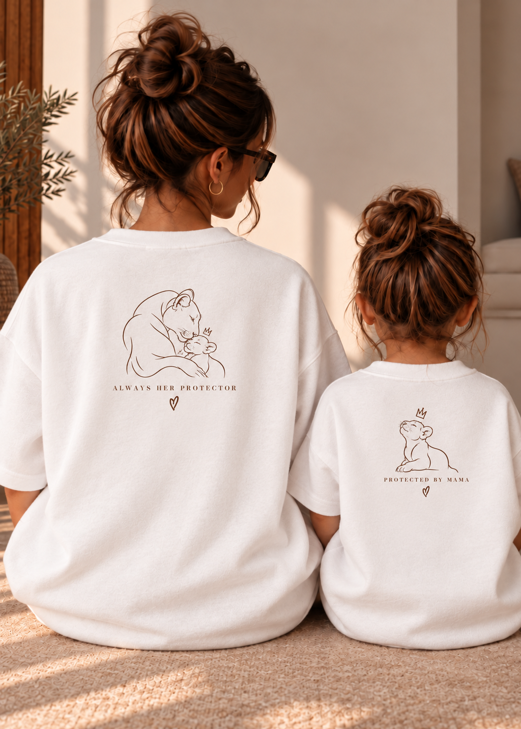 Mama en dochter in witte T-shirts met rugprints “ALWAYS HER PROTECTOR” en “PROTECTED BY MAMA”