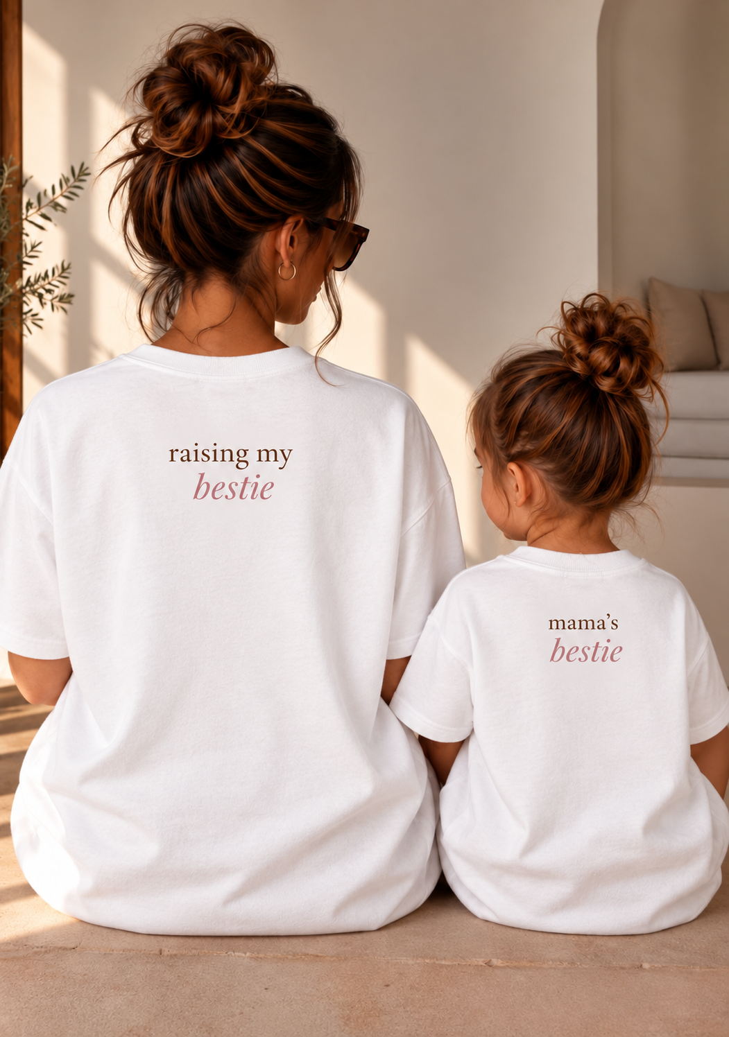 Mama en dochter in witte T-shirts met rugprints “raising my bestie” en “mama’s bestie”