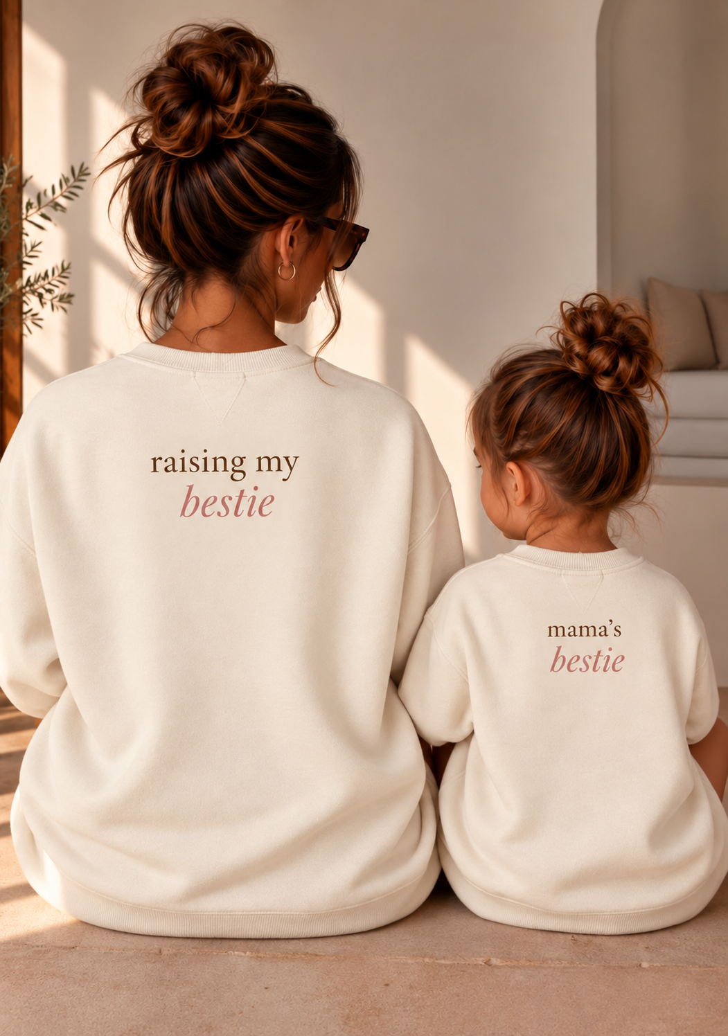 Mama en dochter in ivoorkleurige truien met rugprints “raising my bestie” en “mama’s bestie”